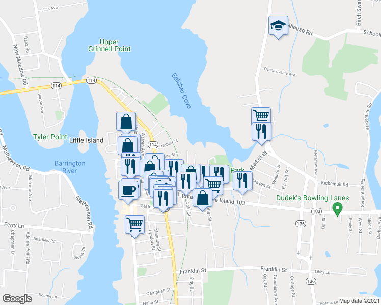 map of restaurants, bars, coffee shops, grocery stores, and more near 23 Martin Street in Warren