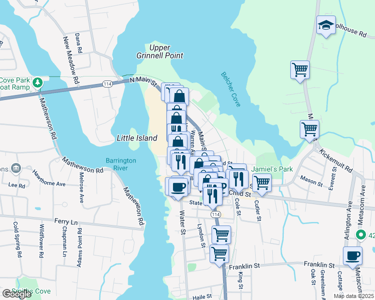 map of restaurants, bars, coffee shops, grocery stores, and more near 64 Union St in Warren