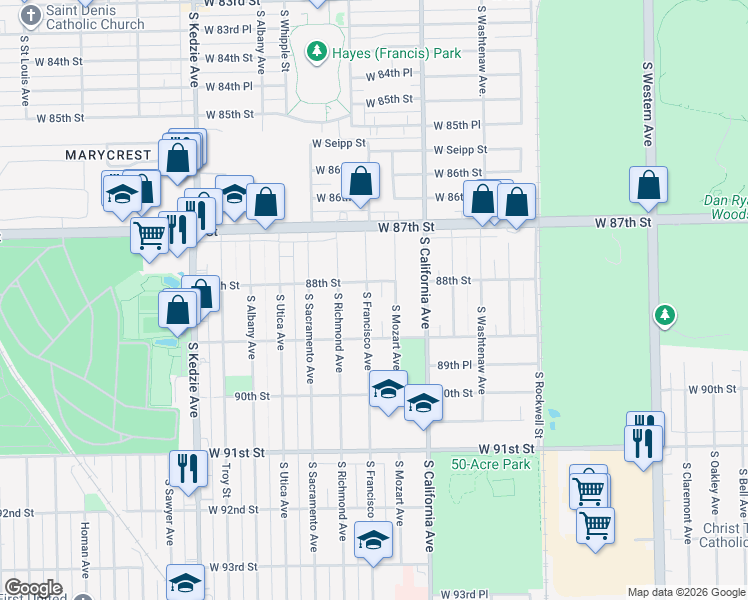 map of restaurants, bars, coffee shops, grocery stores, and more near 8821 South Francisco Avenue in Evergreen Park