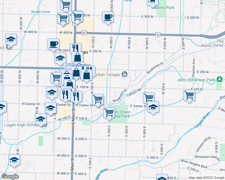 map of restaurants, bars, coffee shops, grocery stores, and more near 210 East 100 North in Logan
