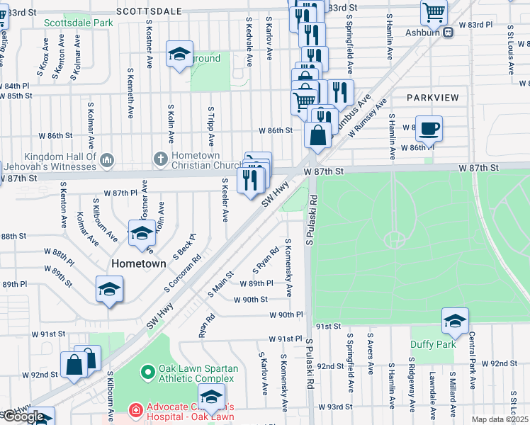 map of restaurants, bars, coffee shops, grocery stores, and more near 4107 Southwest Highway in Hometown