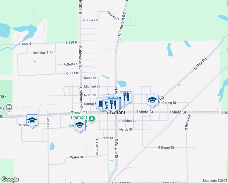 map of restaurants, bars, coffee shops, grocery stores, and more near 303 North Wayne Street in Fremont