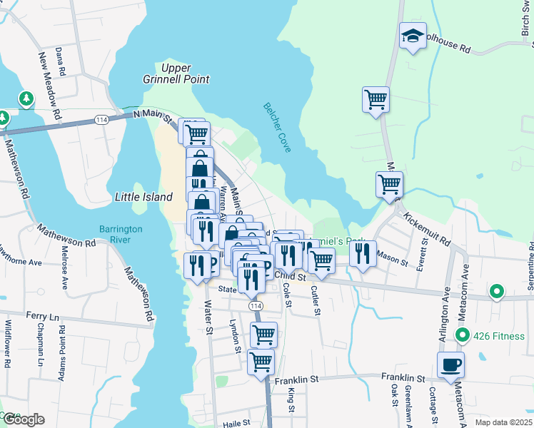 map of restaurants, bars, coffee shops, grocery stores, and more near 34 Hope Street in Warren