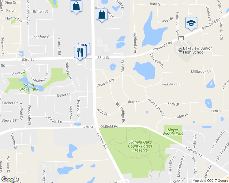 map of restaurants, bars, coffee shops, grocery stores, and more near 8501 Brookridge Road in Downers Grove