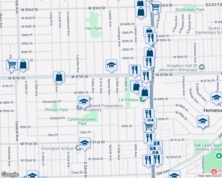 map of restaurants, bars, coffee shops, grocery stores, and more near 8737 Sproat Avenue in Oak Lawn
