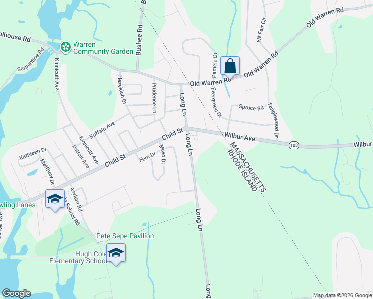 map of restaurants, bars, coffee shops, grocery stores, and more near 19 Long Lane in Warren