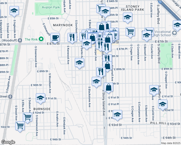map of restaurants, bars, coffee shops, grocery stores, and more near 8907 South Blackstone Avenue in Chicago