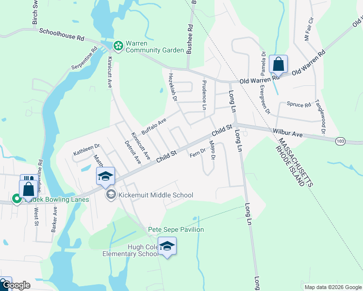 map of restaurants, bars, coffee shops, grocery stores, and more near 586 Child Street in Warren
