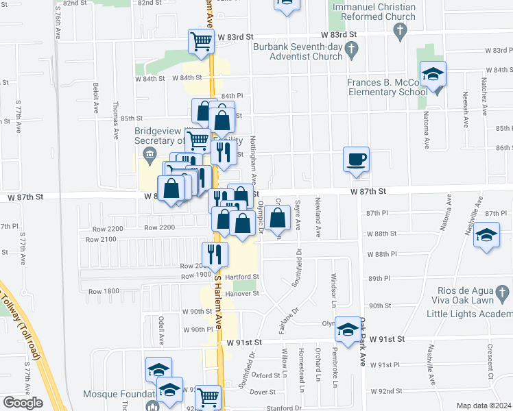 map of restaurants, bars, coffee shops, grocery stores, and more near 8712 Olympic Drive in Oak Lawn