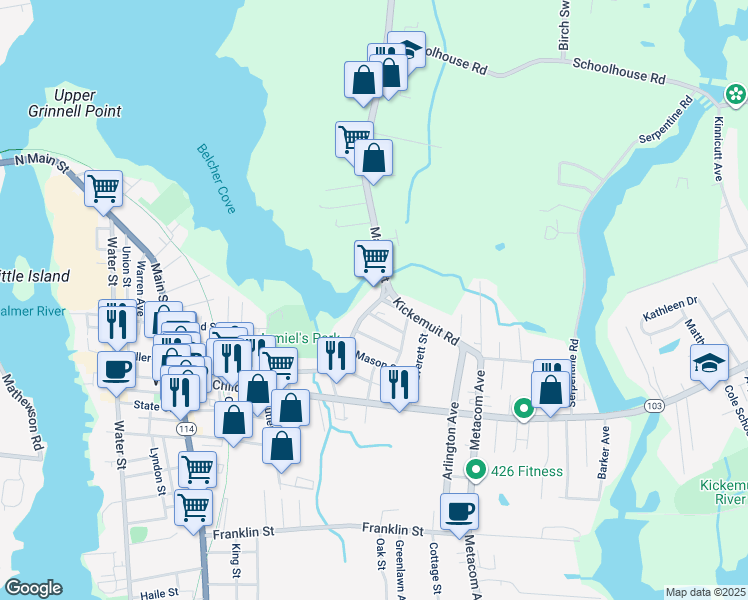 map of restaurants, bars, coffee shops, grocery stores, and more near 246 Market St in Warren