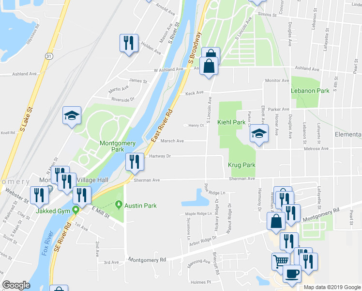 map of restaurants, bars, coffee shops, grocery stores, and more near 157 Marsch Avenue in Montgomery