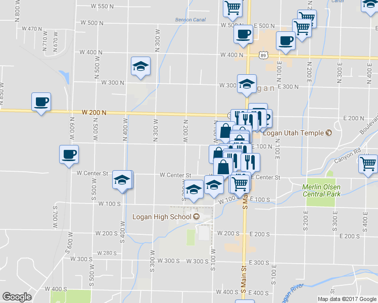 map of restaurants, bars, coffee shops, grocery stores, and more near 82 North 200 West in Logan