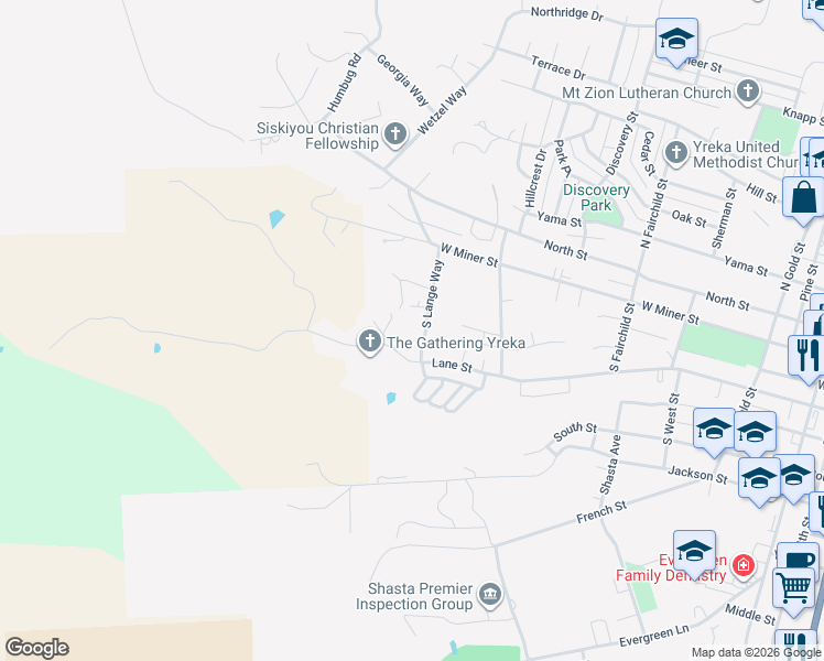 map of restaurants, bars, coffee shops, grocery stores, and more near 1110 Lane St in Yreka