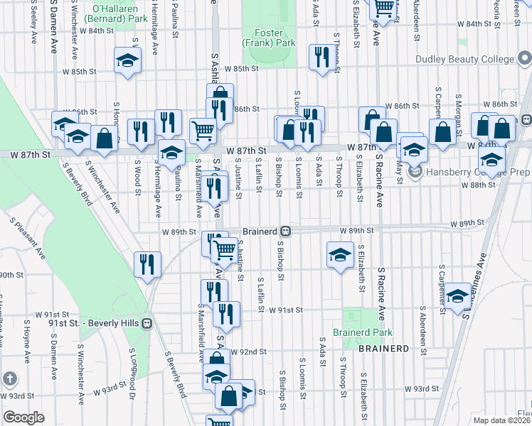 map of restaurants, bars, coffee shops, grocery stores, and more near 8835 S Laflin St in Chicago