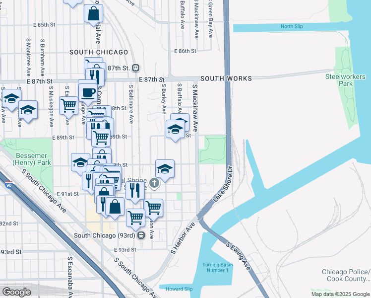 map of restaurants, bars, coffee shops, grocery stores, and more near 8927 South Buffalo Avenue in Chicago