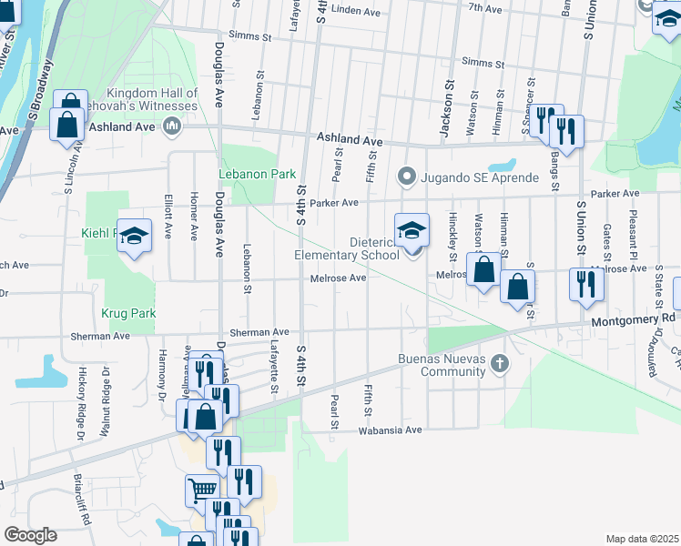 map of restaurants, bars, coffee shops, grocery stores, and more near 450 Melrose Avenue in Aurora