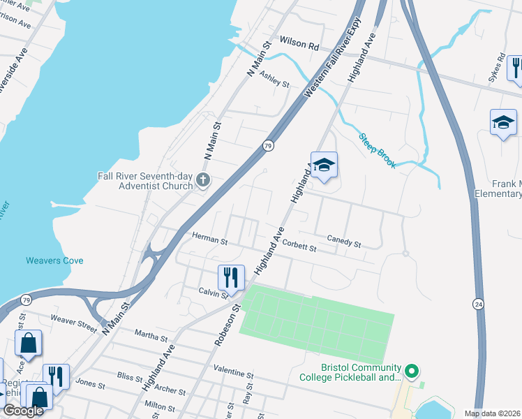 map of restaurants, bars, coffee shops, grocery stores, and more near 12 Bradley Court in Fall River