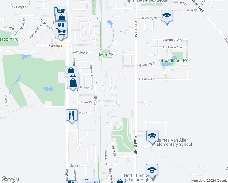 map of restaurants, bars, coffee shops, grocery stores, and more near 900 Rachael Street in North Liberty