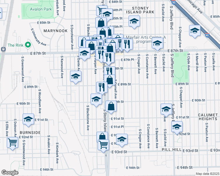 map of restaurants, bars, coffee shops, grocery stores, and more near 8901 South Stony Island Avenue in Chicago