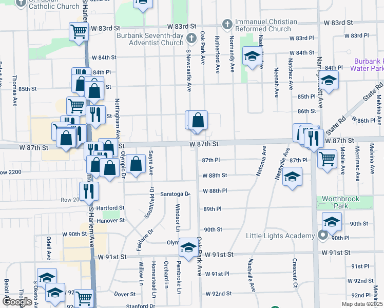 map of restaurants, bars, coffee shops, grocery stores, and more near 8708 Oak Park Avenue in Oak Lawn