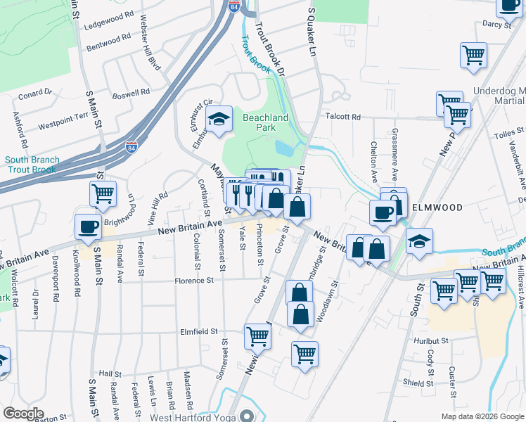 map of restaurants, bars, coffee shops, grocery stores, and more near 1146 New Britain Avenue in West Hartford