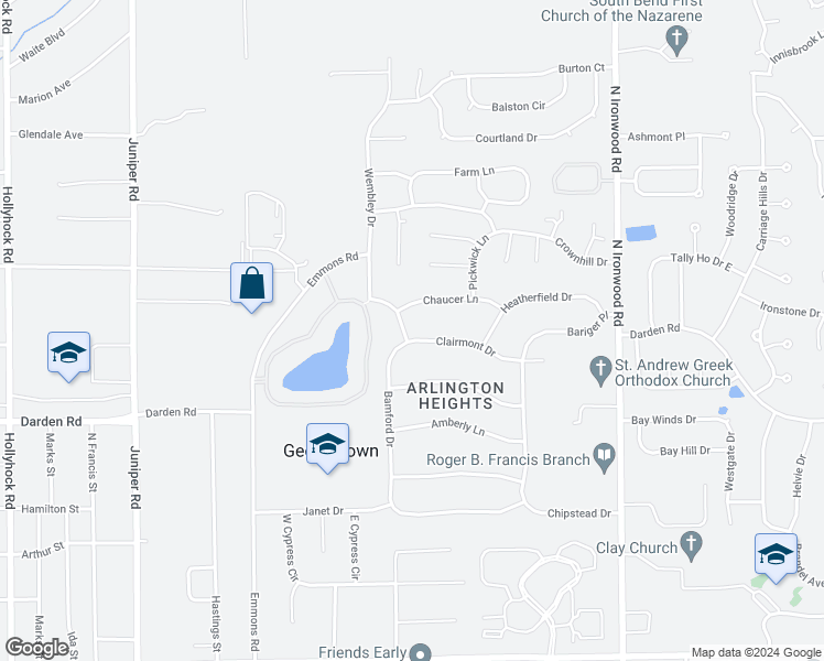 map of restaurants, bars, coffee shops, grocery stores, and more near 52560 Brighton Park in South Bend