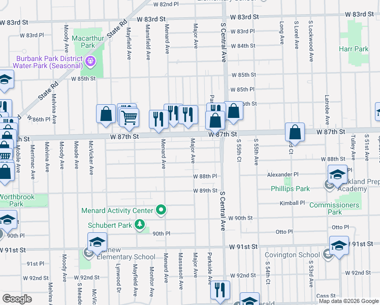 map of restaurants, bars, coffee shops, grocery stores, and more near 5701 West 87th Place in Oak Lawn