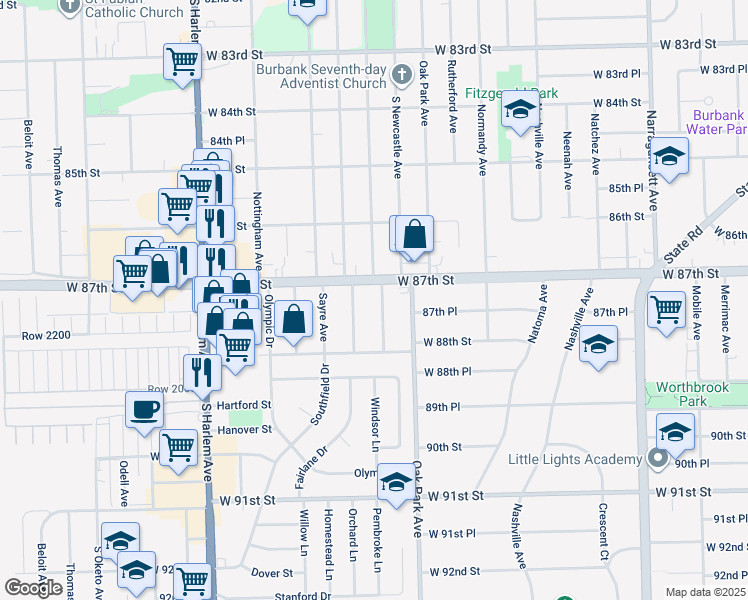 map of restaurants, bars, coffee shops, grocery stores, and more near 8710 New England Avenue in Oak Lawn
