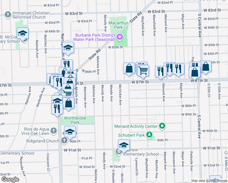 map of restaurants, bars, coffee shops, grocery stores, and more near 8739 Meade Avenue in Oak Lawn