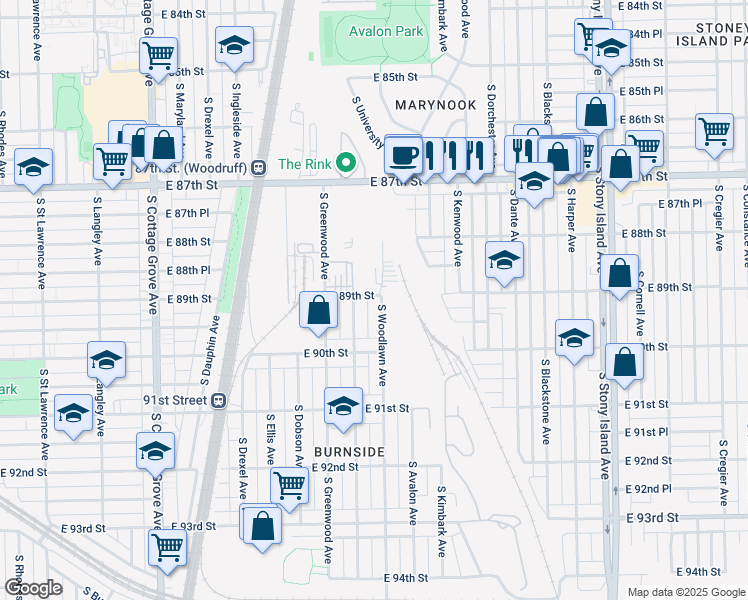 map of restaurants, bars, coffee shops, grocery stores, and more near 8900 South Woodlawn Avenue in Chicago