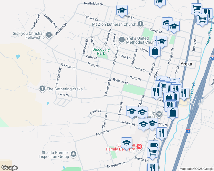 map of restaurants, bars, coffee shops, grocery stores, and more near 725 Hearn Street in Yreka