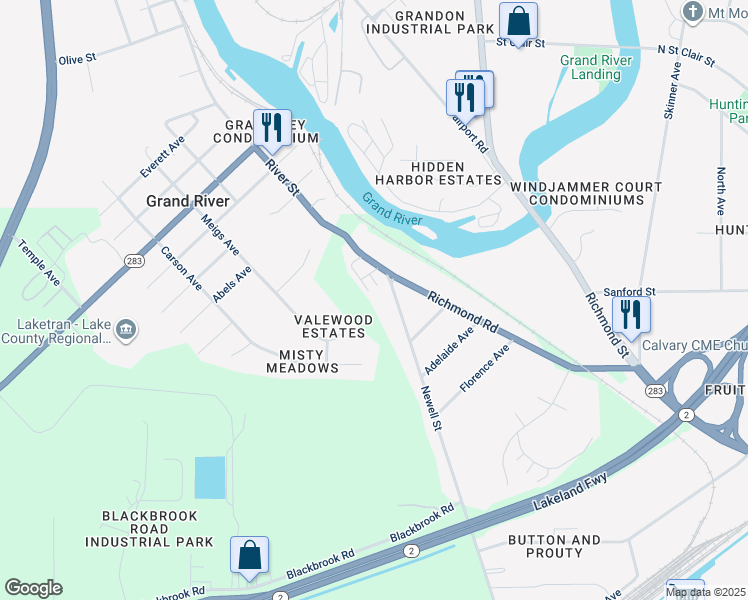 map of restaurants, bars, coffee shops, grocery stores, and more near 1043 Newell Street in Painesville