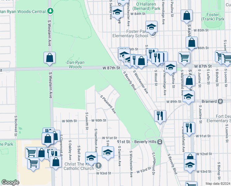 map of restaurants, bars, coffee shops, grocery stores, and more near 8836 South Longwood Drive in Chicago