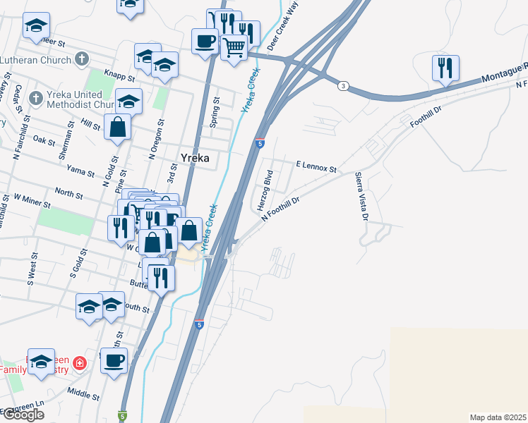 map of restaurants, bars, coffee shops, grocery stores, and more near 219 Kleaver Dr in Yreka