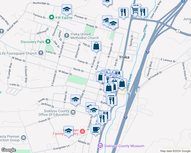map of restaurants, bars, coffee shops, grocery stores, and more near 505 North Street in Yreka