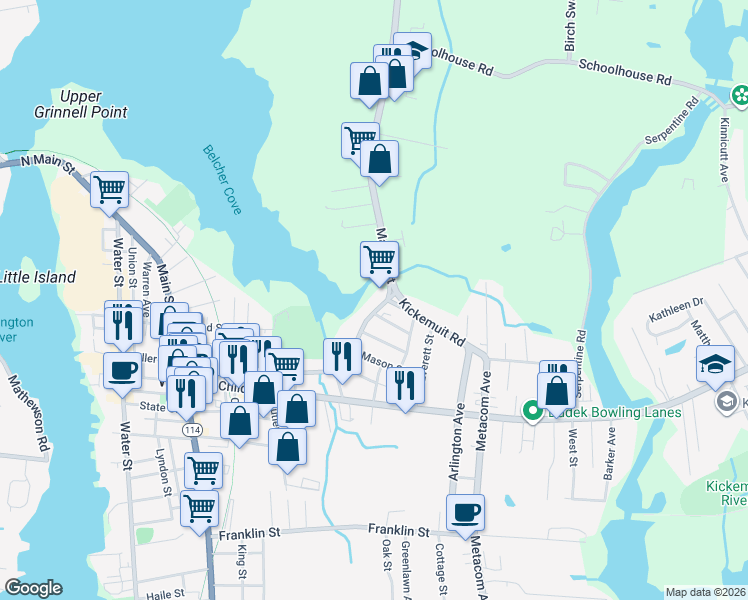 map of restaurants, bars, coffee shops, grocery stores, and more near 246 Market Street in Warren