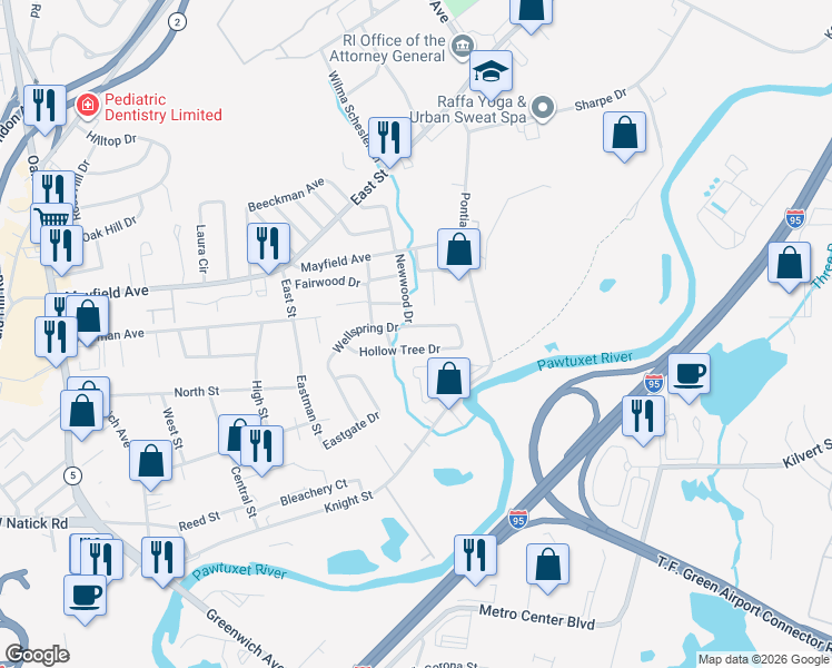 map of restaurants, bars, coffee shops, grocery stores, and more near 42 Wellspring Drive in Cranston