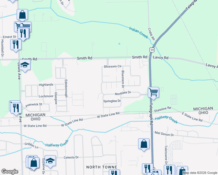 map of restaurants, bars, coffee shops, grocery stores, and more near Bee Balm Court in Erie