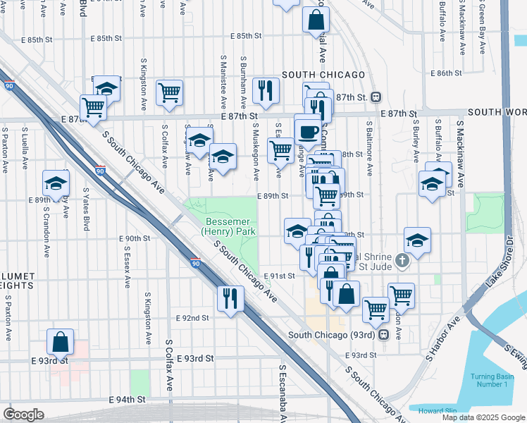 map of restaurants, bars, coffee shops, grocery stores, and more near 8921 South Muskegon Avenue in Chicago