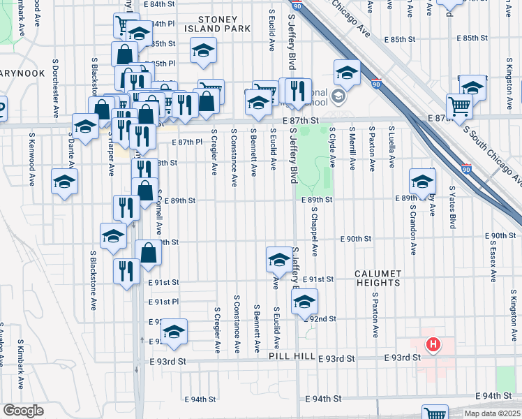 map of restaurants, bars, coffee shops, grocery stores, and more near 8913 South Bennett Avenue in Chicago