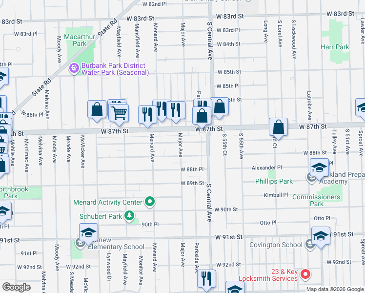 map of restaurants, bars, coffee shops, grocery stores, and more near 5701 West 87th Place in Oak Lawn