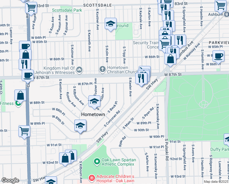 map of restaurants, bars, coffee shops, grocery stores, and more near 8756 South Beck Place in Hometown