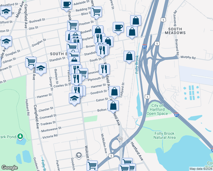 map of restaurants, bars, coffee shops, grocery stores, and more near 9 Hanmer Street in Hartford