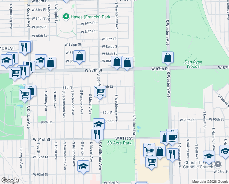 map of restaurants, bars, coffee shops, grocery stores, and more near 8818 Washtenaw Avenue in Evergreen Park