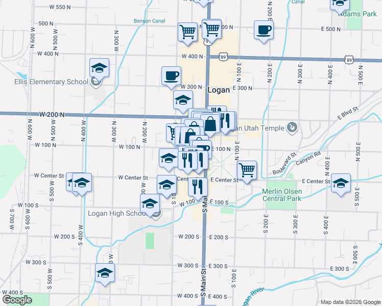 map of restaurants, bars, coffee shops, grocery stores, and more near 46 West 100 North in Logan