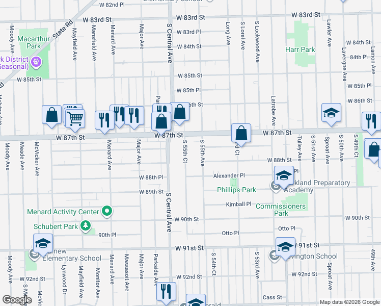map of restaurants, bars, coffee shops, grocery stores, and more near 8729 South 55th Court in Oak Lawn