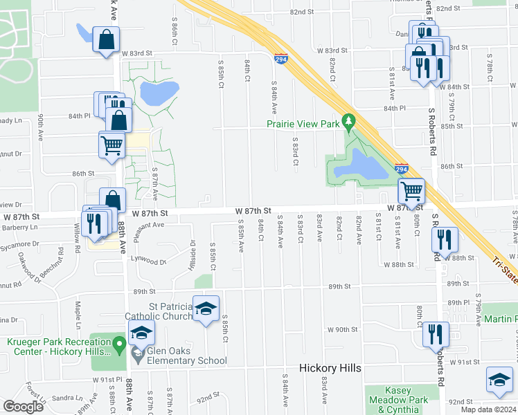 map of restaurants, bars, coffee shops, grocery stores, and more near 8424 West 87th Street in Hickory Hills