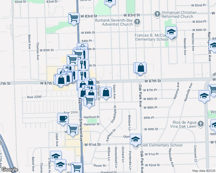 map of restaurants, bars, coffee shops, grocery stores, and more near 8713 Cranbrook Lane in Bridgeview