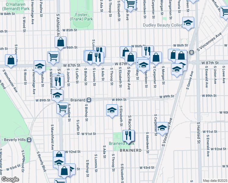 map of restaurants, bars, coffee shops, grocery stores, and more near 8835 South Throop Street in Chicago