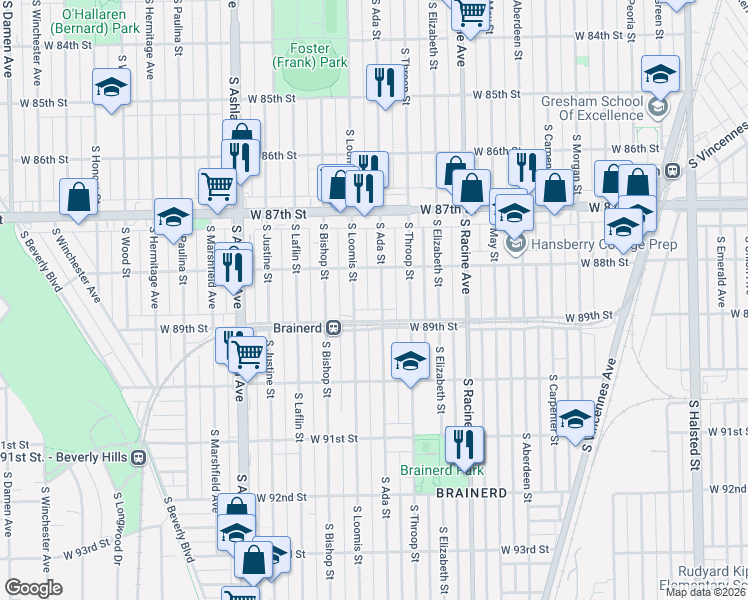 map of restaurants, bars, coffee shops, grocery stores, and more near 8834 South Ada Street in Chicago